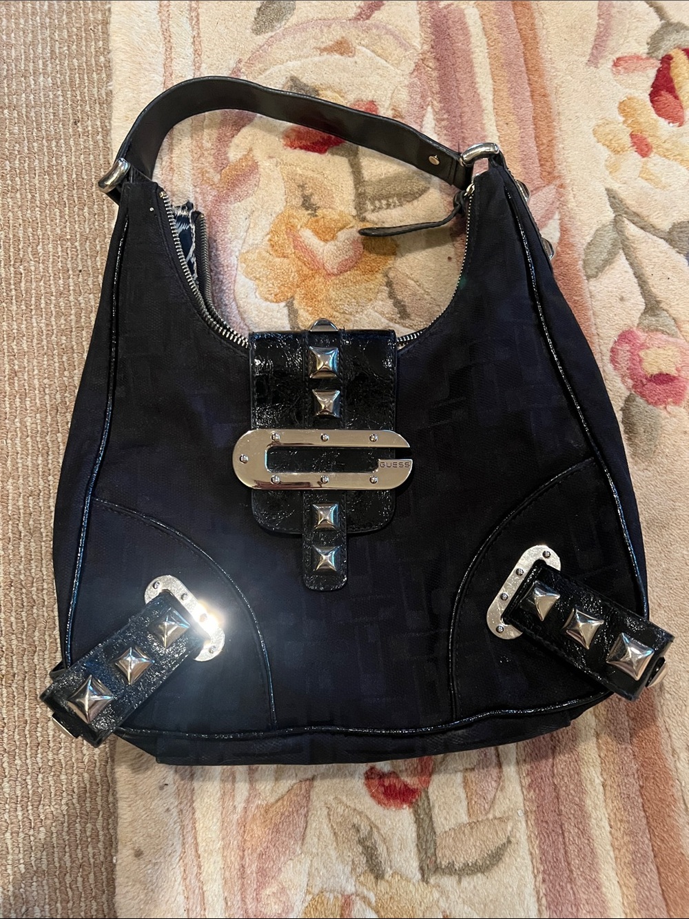 Y2K Guess rare vintage Black Shoulder Hobo Bag with Silver Stud Hardware